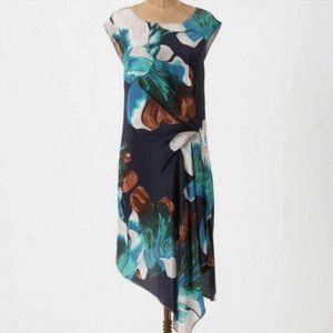 EUC Anthropologie Coquille Corolla Silk Asymmetrical Shift Dress Floral Blue 4